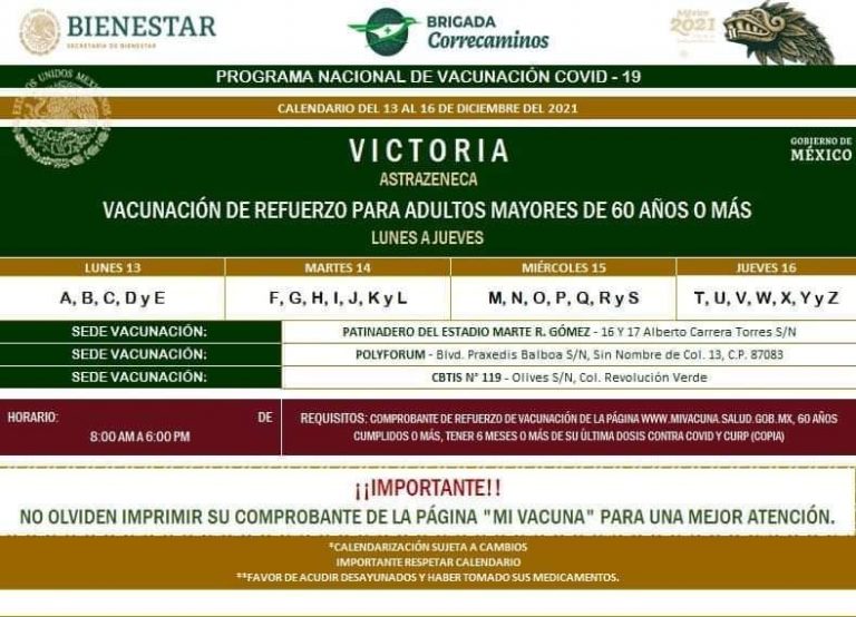 VACUNACION DE REFUERZO PARA ADULTOS MAYORES DE 60 AÑOS O MÁS EN CD. VICTORIA, TAMAULIPAS